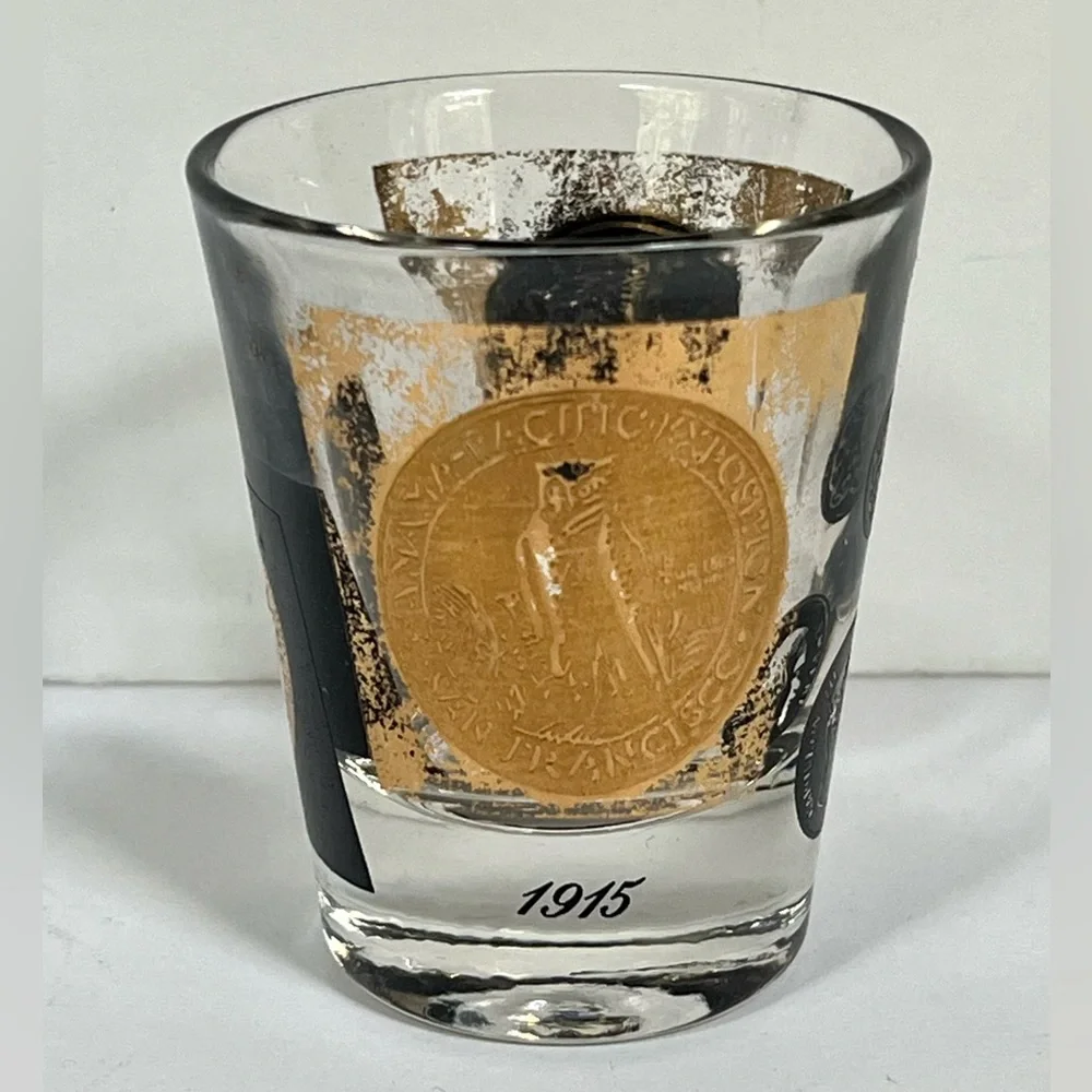 8 VTG Shot Glasses MCM Cera Glass Coins Gold Black Barware Mid-century Modern